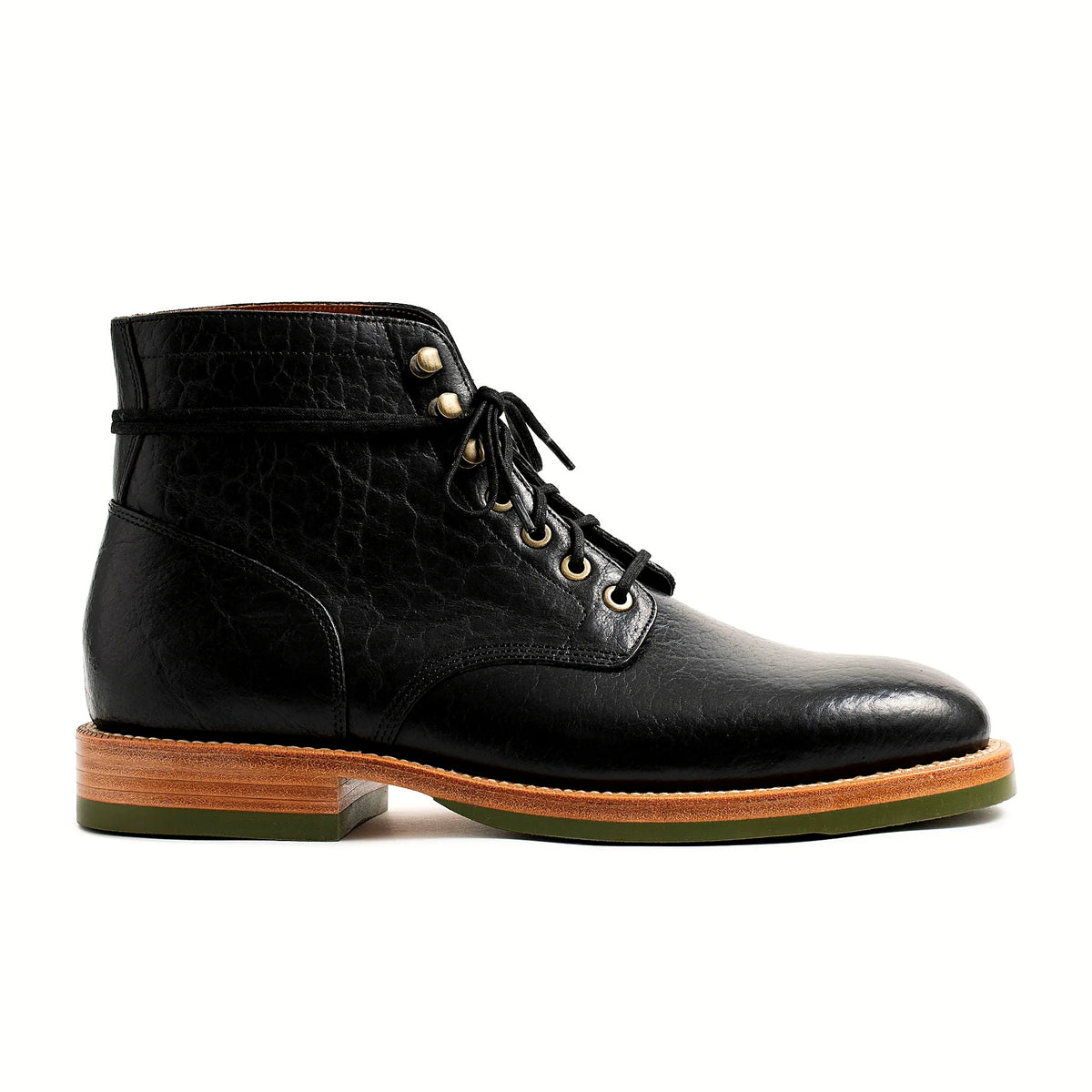 Goodyear welted lace-to-toe boot in Black American Bison, full-grain leather heel counters