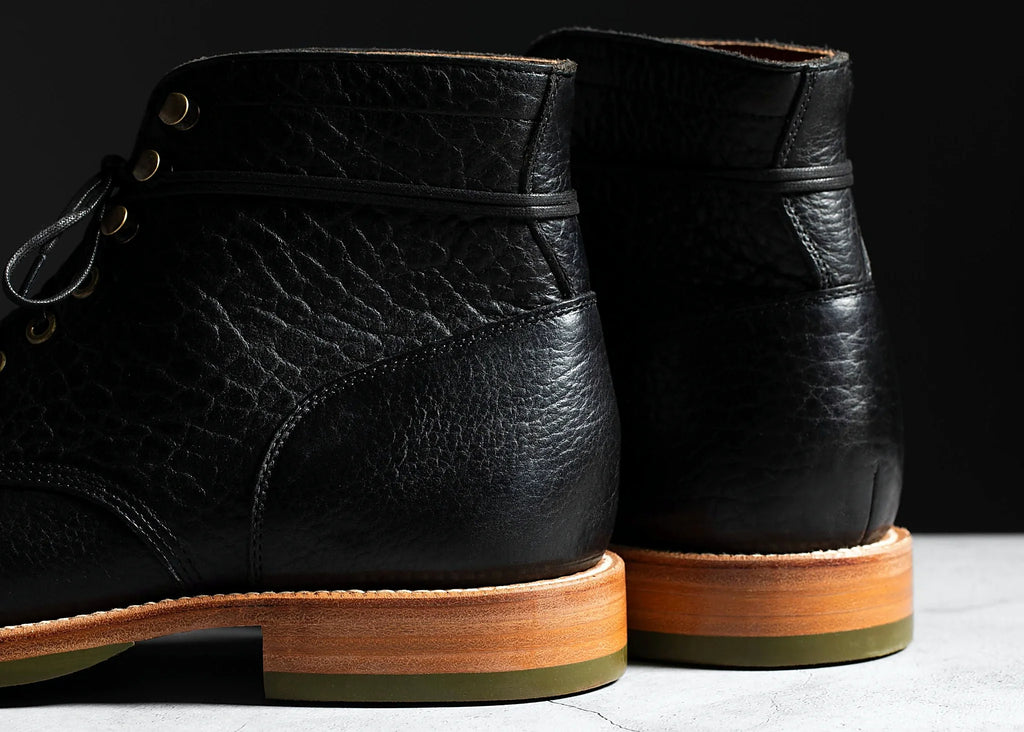 Black American Bison boot on a Dr. Sole Supergrip half sole, cork filler over a steel shank
