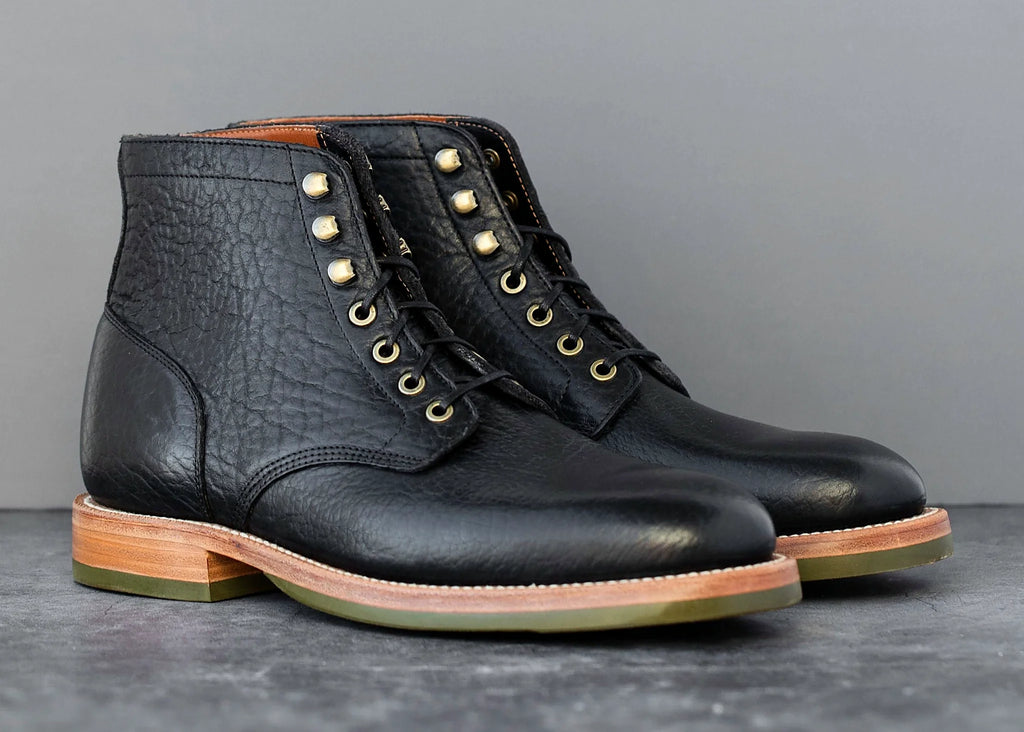 lace-to-toe boot in Black American Bison with antique brass eyelets and speed hooks