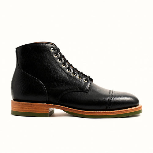 Black American Bison perforated cap toe service boot with all-eyelet closure