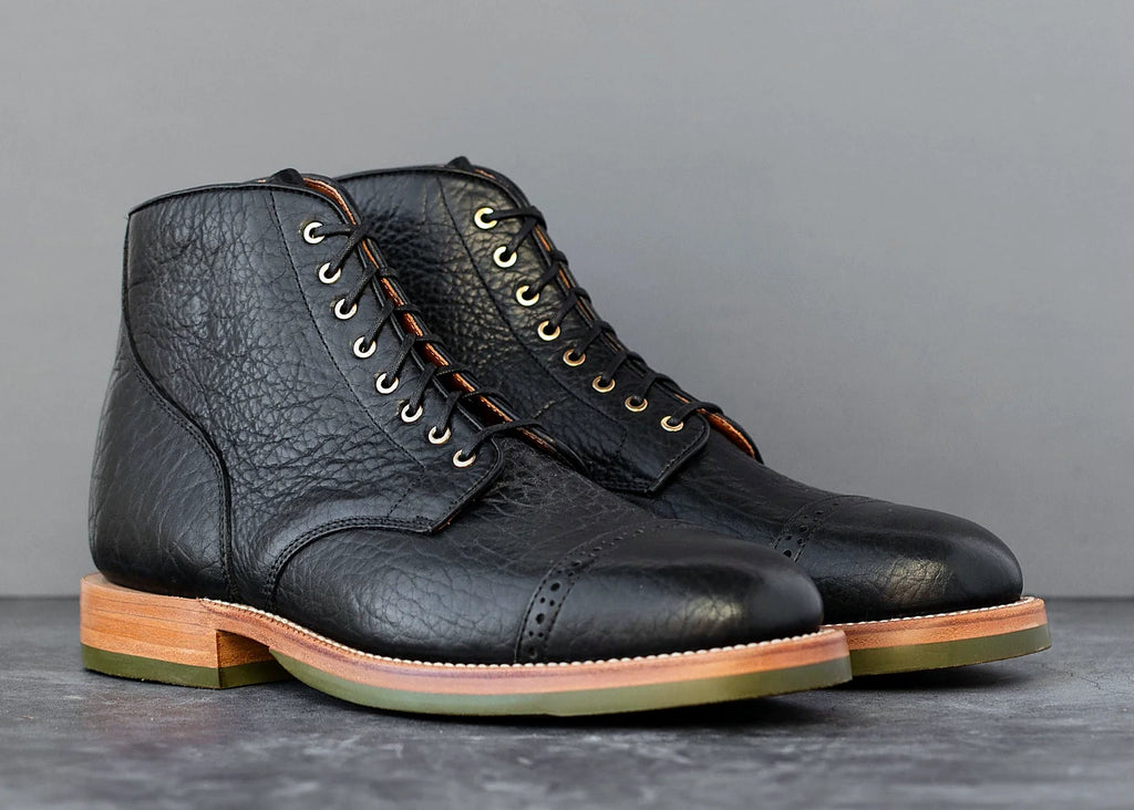 American Bison perforated cap toe service boot in Black, vegetable-tanned insole, welt and midsole