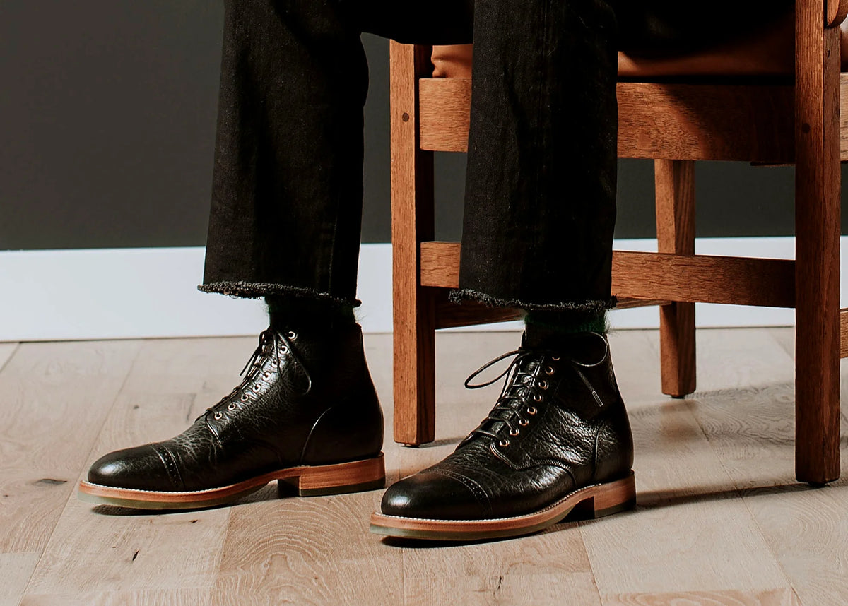 Black Bison Cap Toe Service Boot — Goodyear welted leather boot