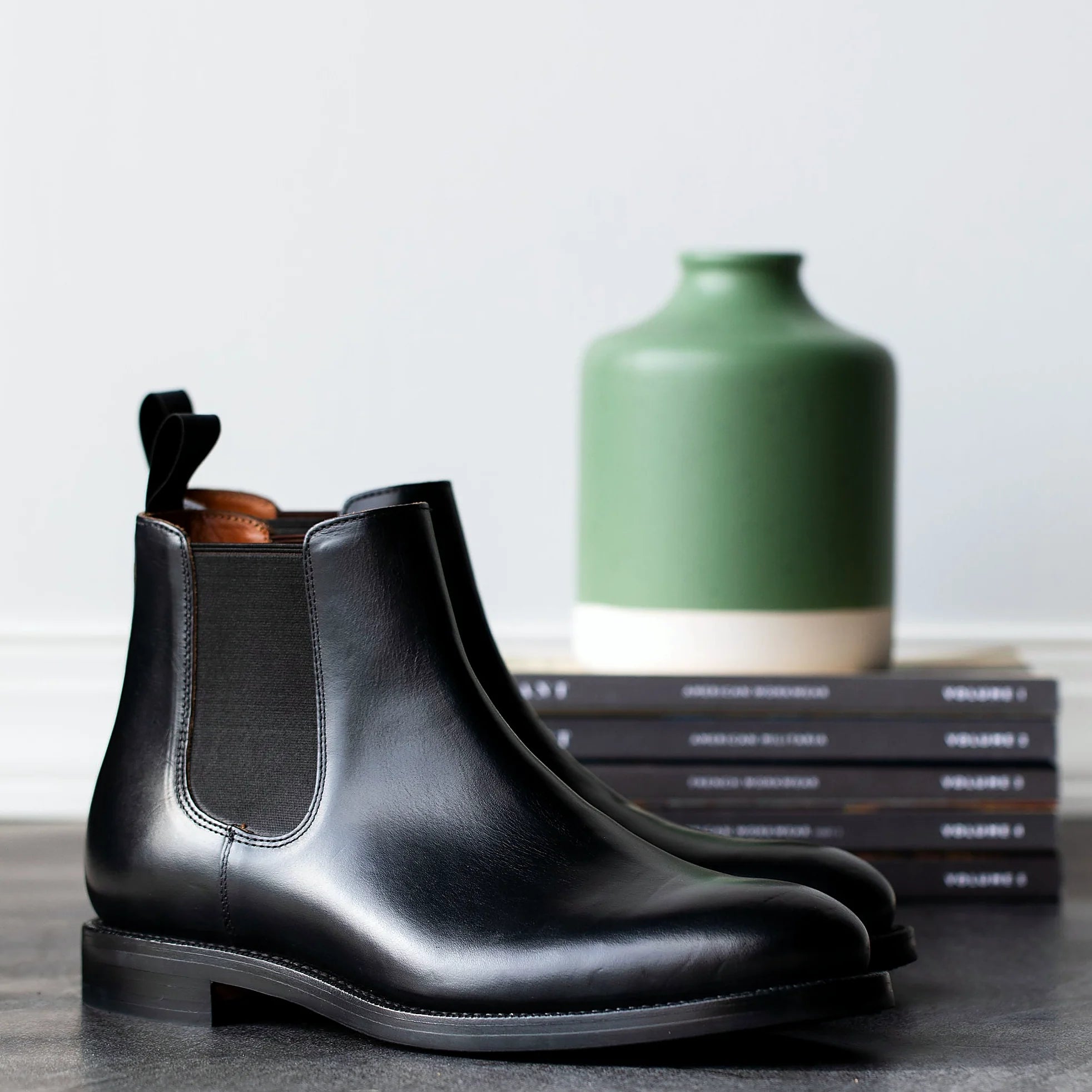 Black Chromexcel boot on a micro stud rubber outsole, cork filler over a steel shank