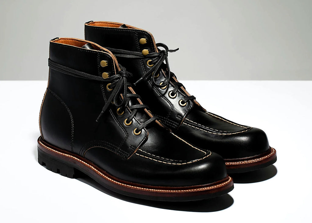 hand-sewn moc toe boot in Black Chromexcel with antique brass eyelets and speed hooks