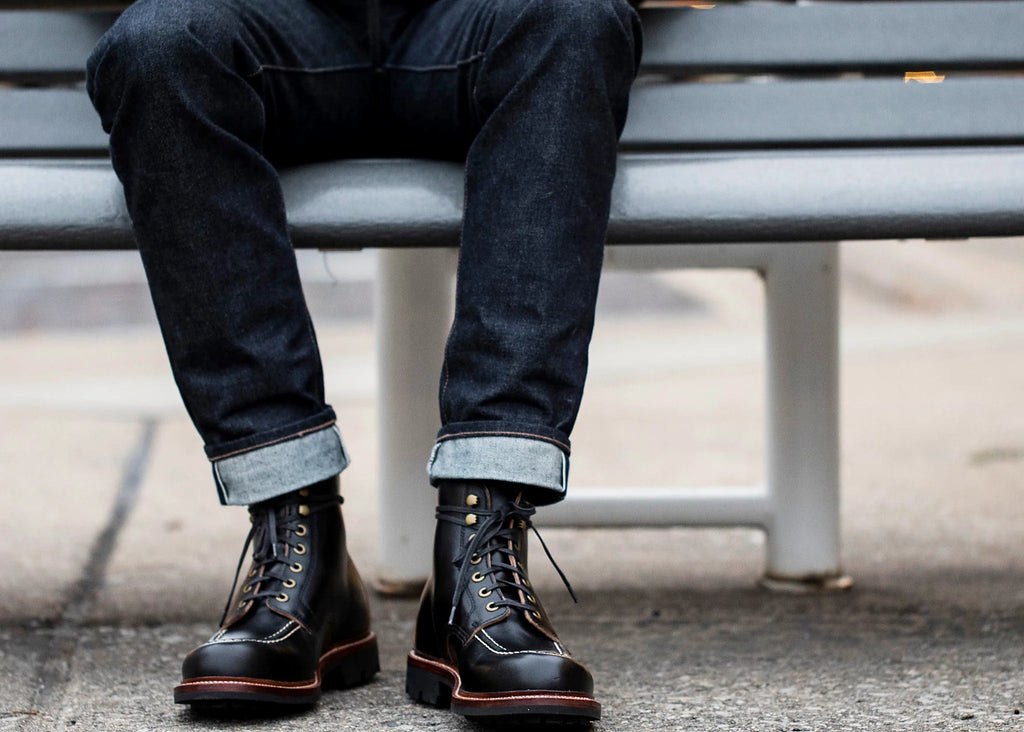 Black Chromexcel hand-sewn moc toe boot with antique brass eyelets and speed hooks