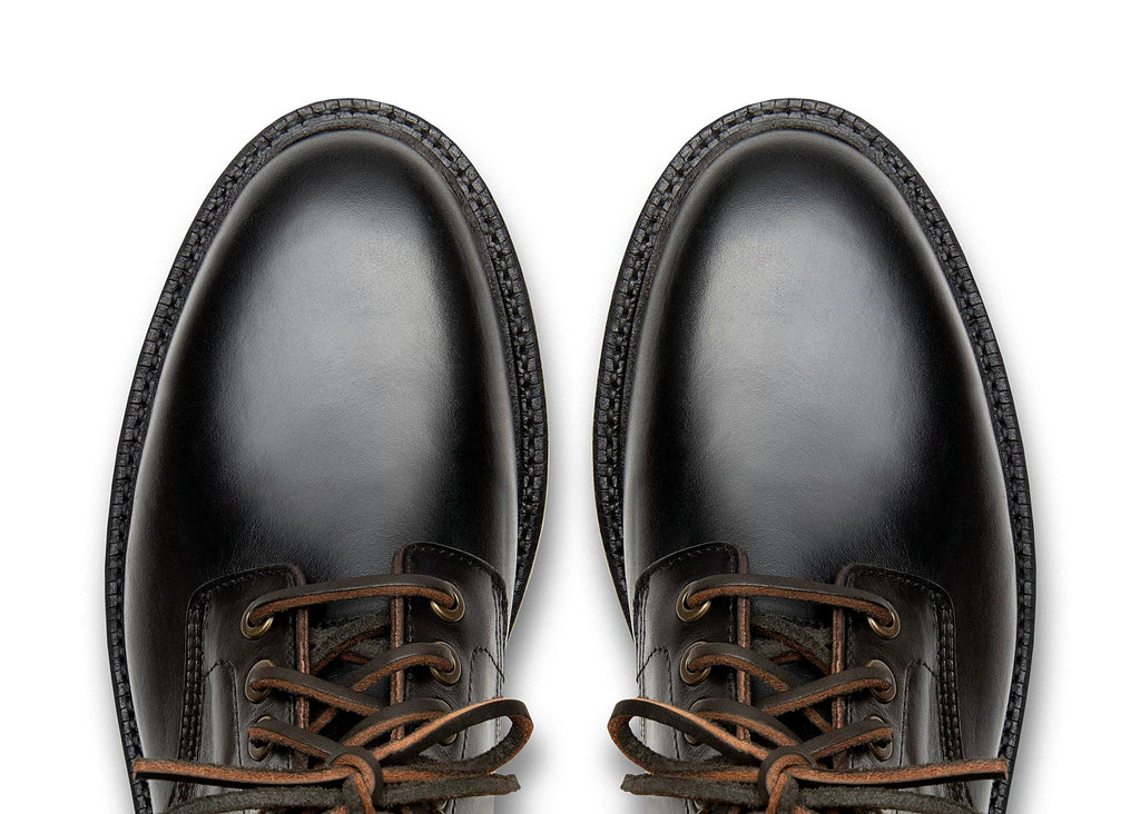 Goodyear welted plain toe boot in Black Chromexcel, full-grain leather heel counters
