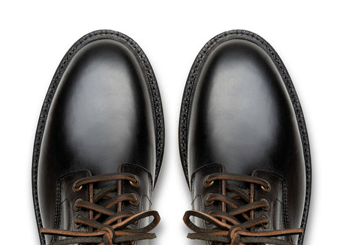 Goodyear welted plain toe boot in Black Chromexcel, full-grain leather heel counters