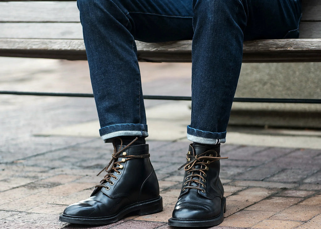 Black Chromexcel boot on a micro stud rubber outsole, cork filler over a steel shank