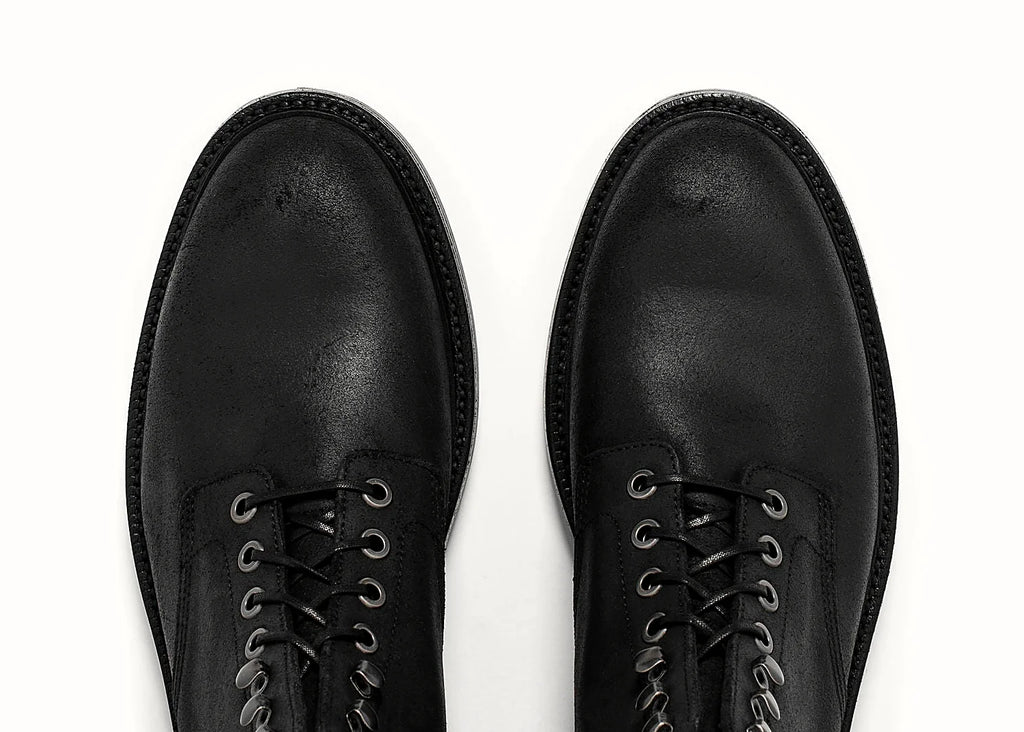 Black Waxed Commander plain toe boot with gunmetal eyelets and speed hooks