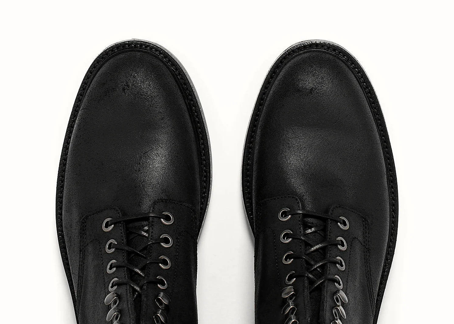 Black Waxed Commander plain toe boot with gunmetal eyelets and speed hooks