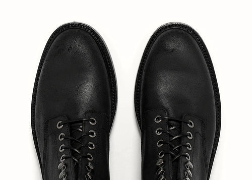 Black Waxed Commander plain toe boot with gunmetal eyelets and speed hooks