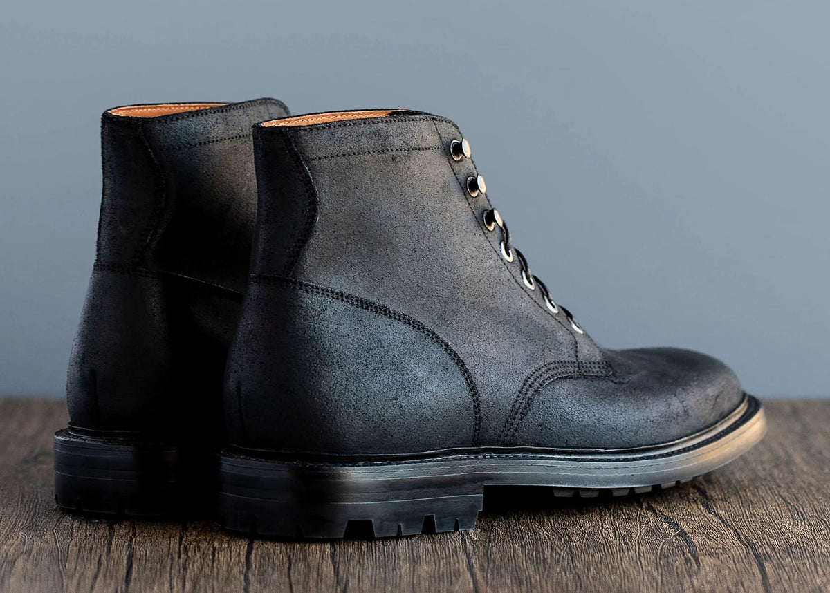 Goodyear welted plain toe boot in Black Waxed Commander, full-grain leather heel counters