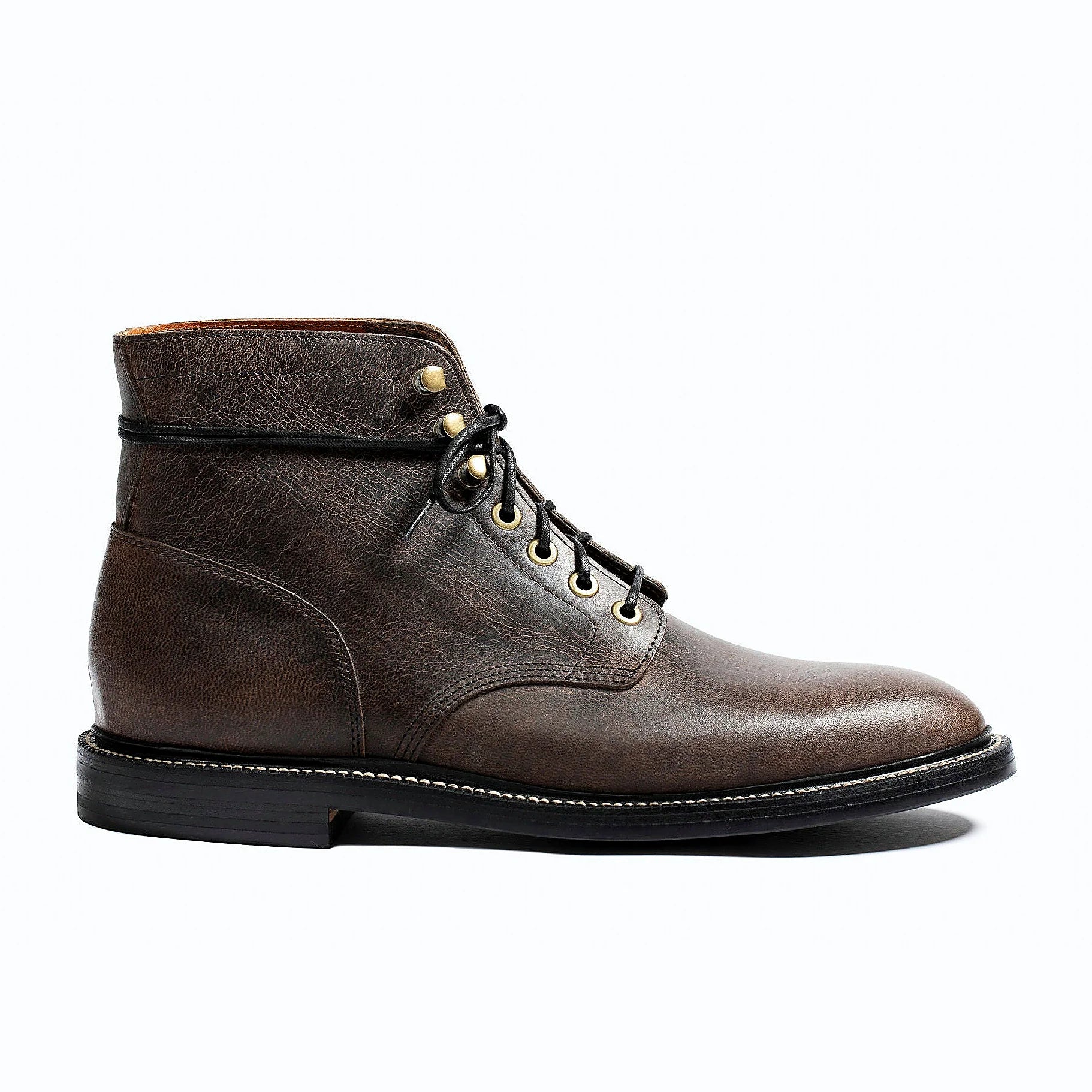 Black Teton Waxy Stag deer plain toe boot with antique brass eyelets and speed hooks
