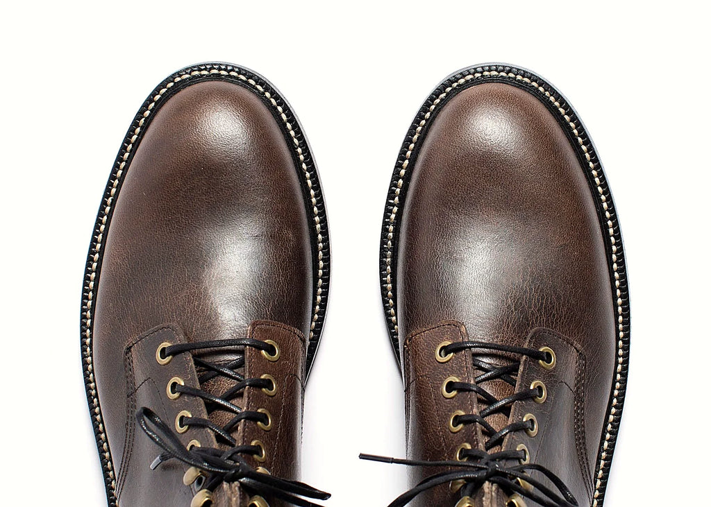Goodyear welted plain toe boot in Black Teton Waxy Stag deer, full-grain leather heel counters
