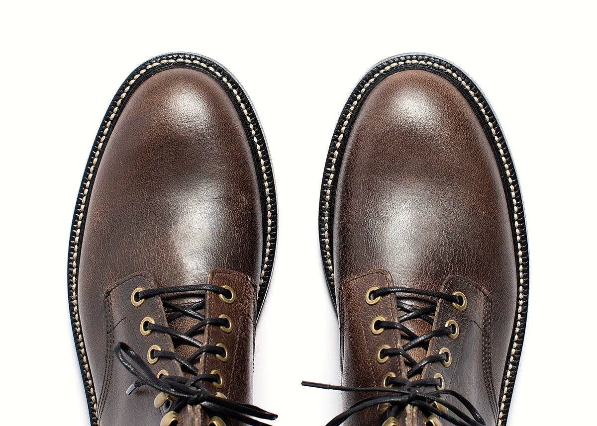 Goodyear welted plain toe boot in Black Teton Waxy Stag deer, full-grain leather heel counters