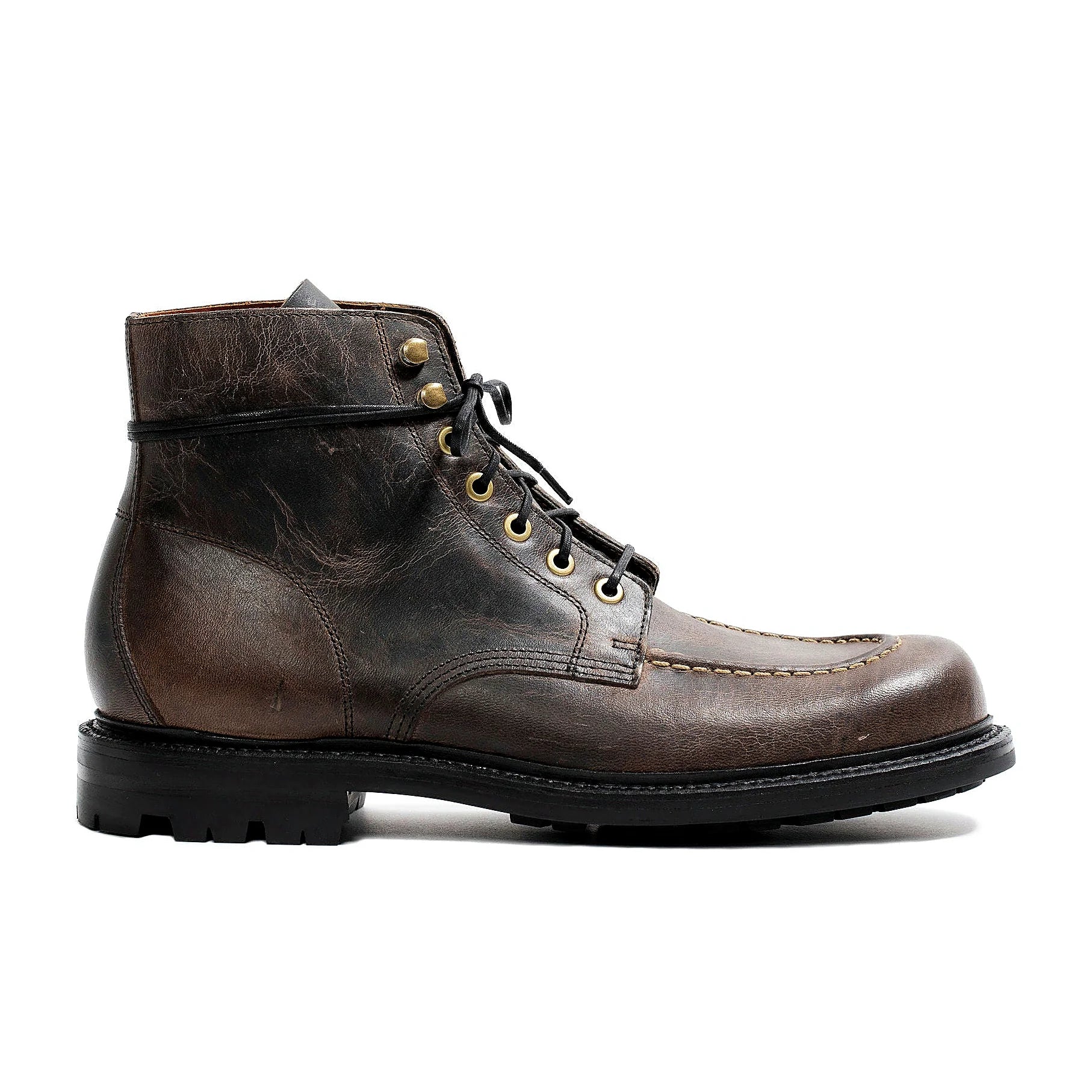 Black Teton Waxy Stag deer hand-sewn moc toe boot with antique brass eyelets and speed hooks