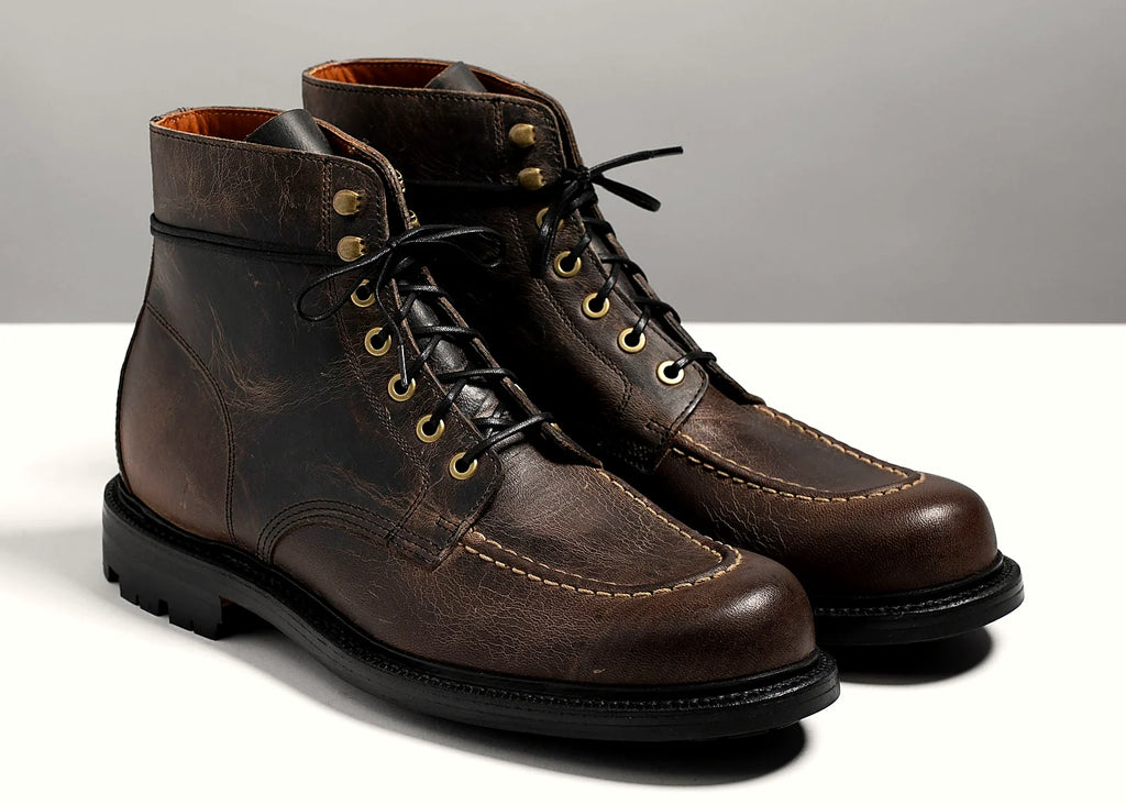 Goodyear welted hand-sewn moc toe boot in Black Teton Waxy Stag deer, full-grain leather heel counters