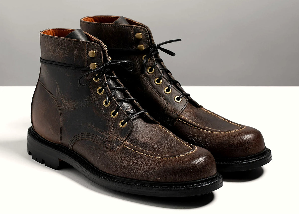 Goodyear welted hand-sewn moc toe boot in Black Teton Waxy Stag deer, full-grain leather heel counters