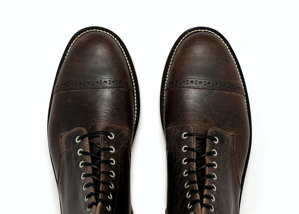 Black Teton Waxy Stag deer boot on a Vibram cavity wedge outsole, cork filler over a steel shank