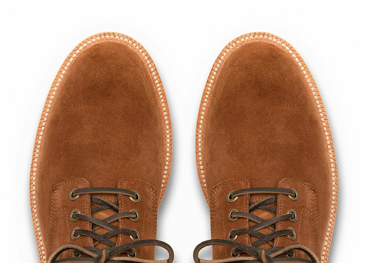 Goodyear welted plain toe boot in Bourbon Repello calf suede, full-grain leather heel counters