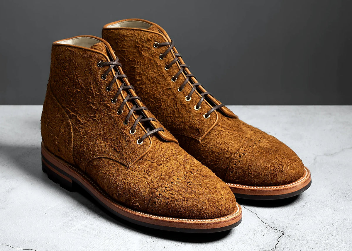 Goodyear welted perforated cap toe service boot in Bronze rough suede, full-grain leather heel counters