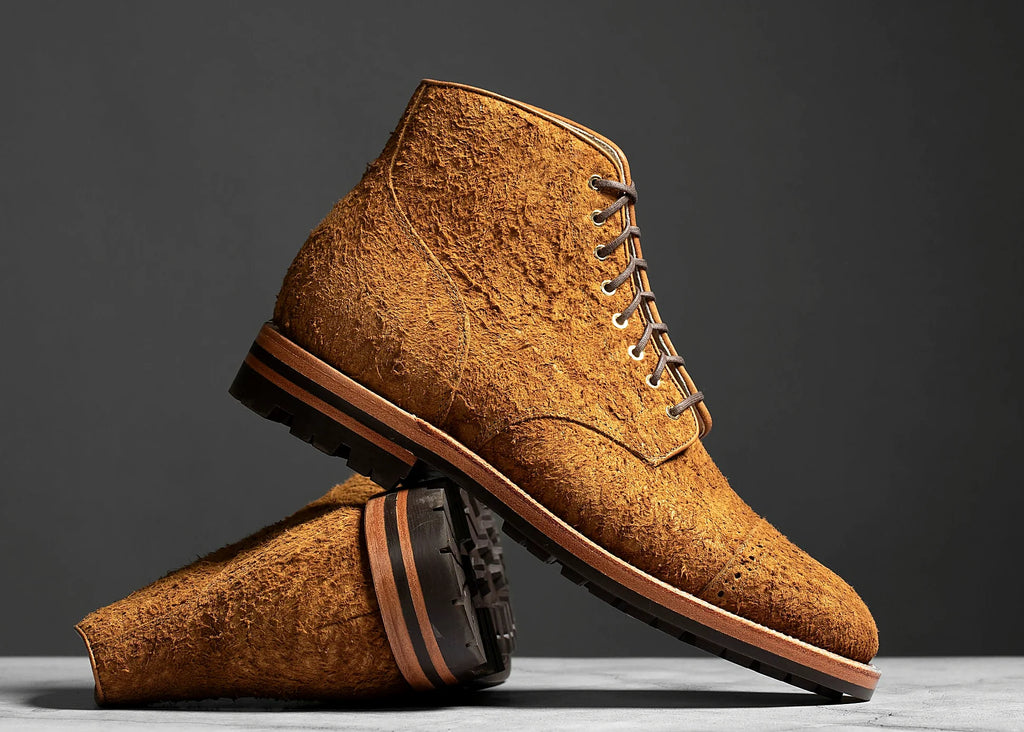 rough suede perforated cap toe service boot in Bronze, vegetable-tanned insole, welt and midsole