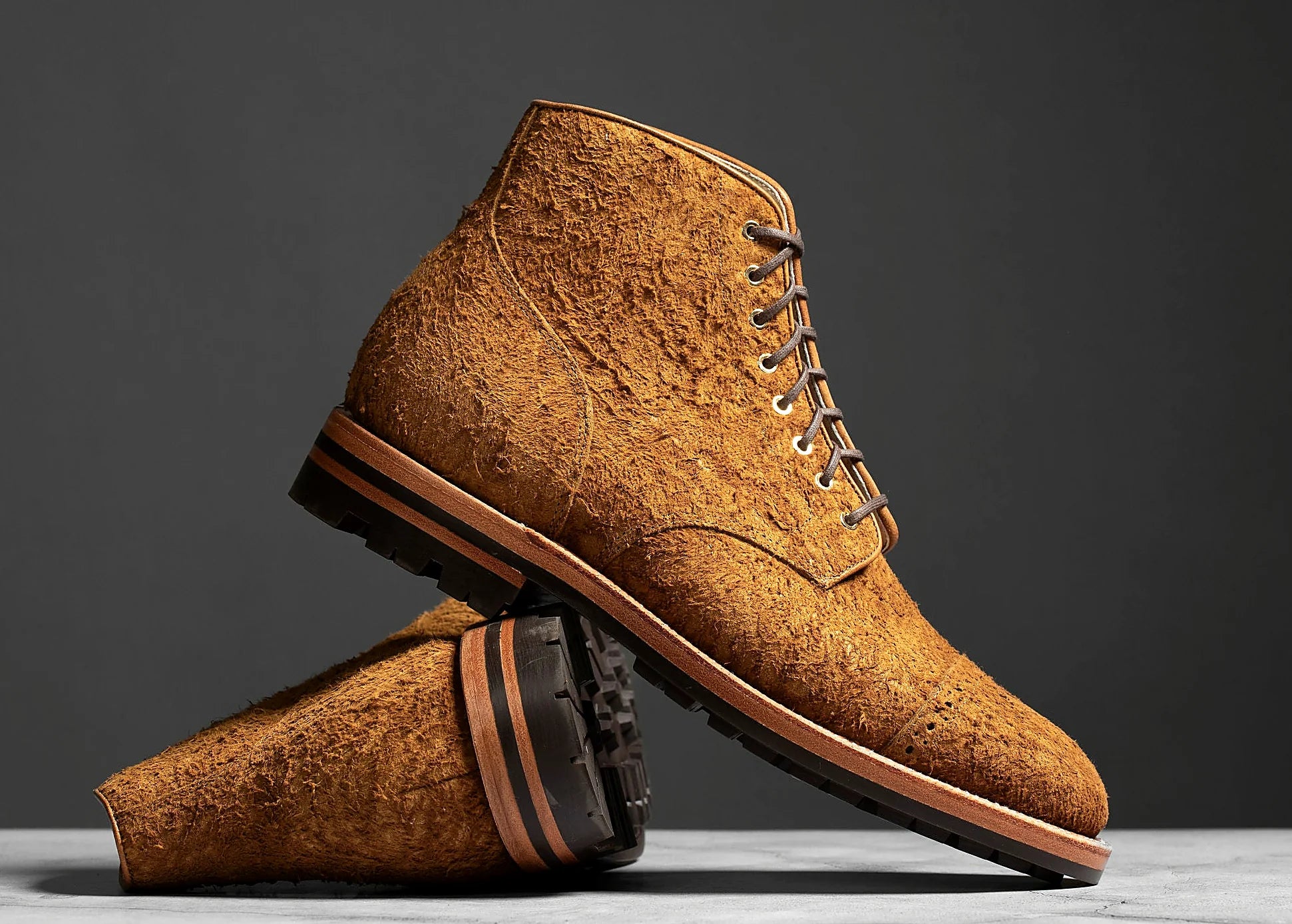 rough suede perforated cap toe service boot in Bronze, vegetable-tanned insole, welt and midsole