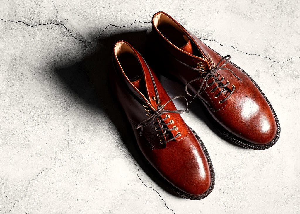 dress boot in Cognac Ecbatana Lux with polished brass eyelets and speed hooks
