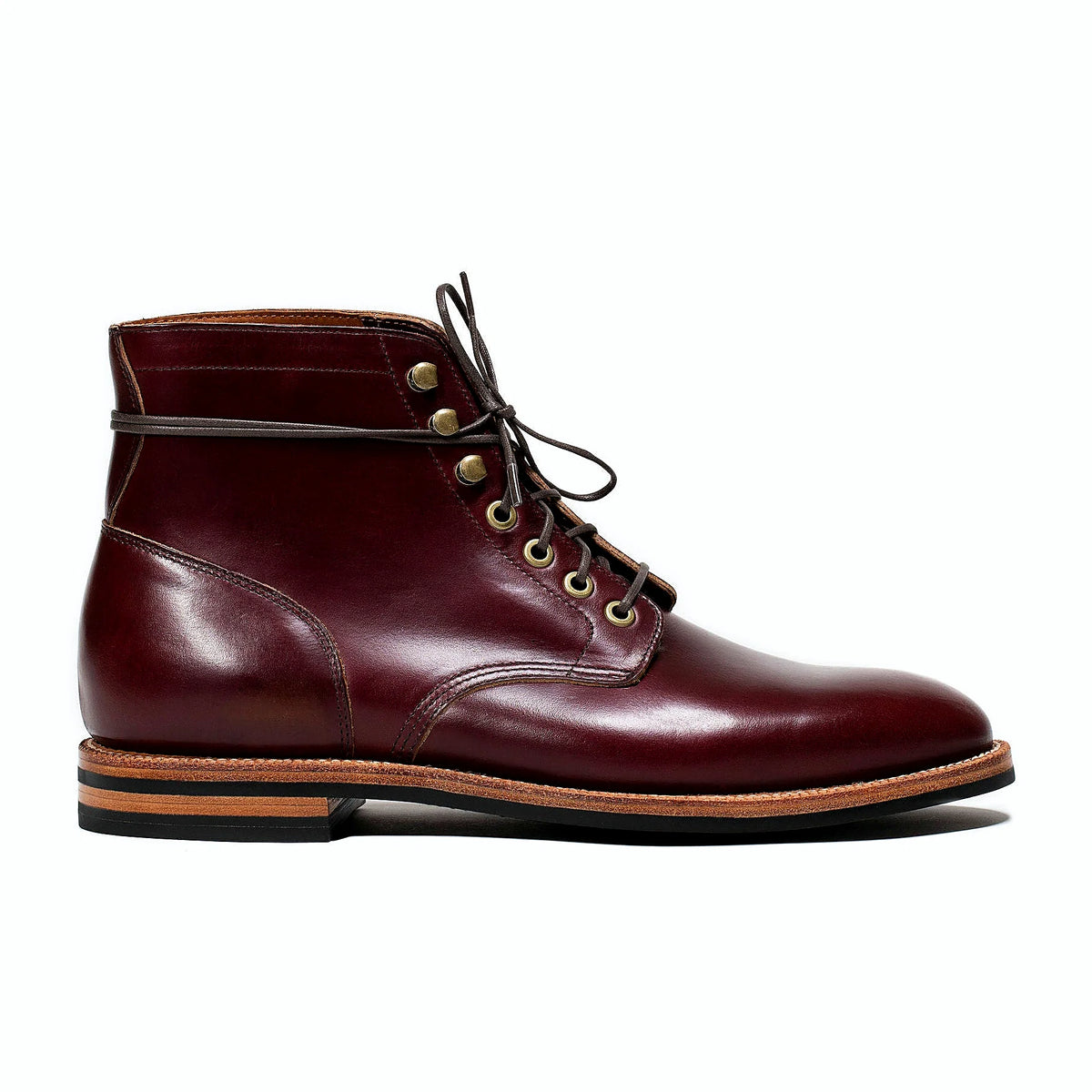 Color No. 8 Chromexcel boot on a micro stud rubber outsole, cork filler over a steel shank