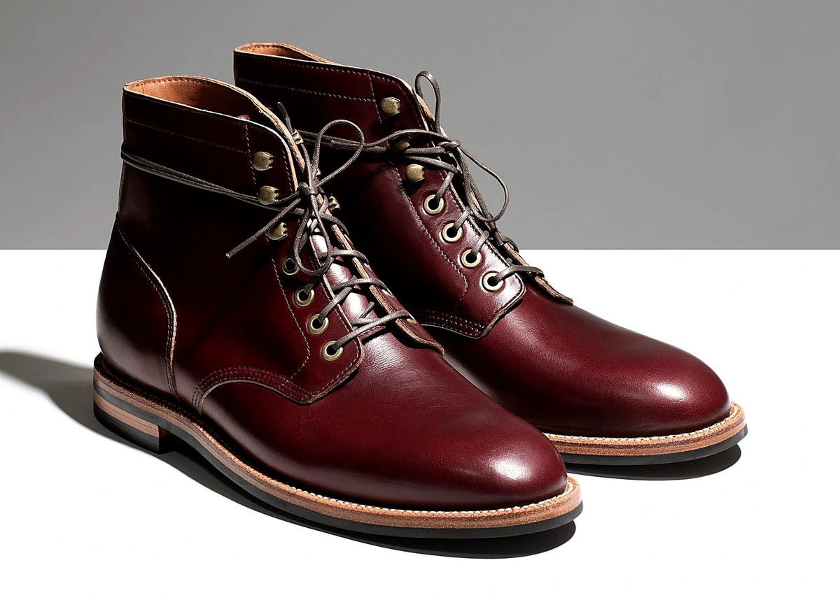 Color No. 8 Chromexcel plain toe boot with antique brass eyelets and speed hooks