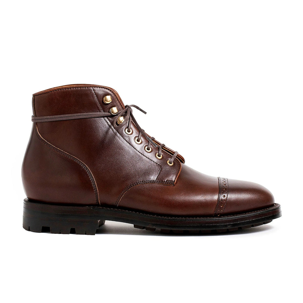 perforated cap toe boot in Crimson Chromexcel with polished brass eyelets and speed hooks