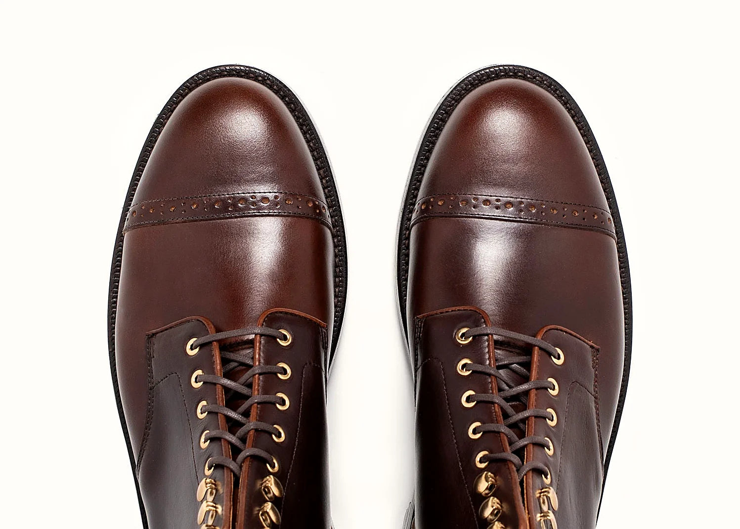 Crimson Chromexcel perforated cap toe boot with polished brass eyelets and speed hooks