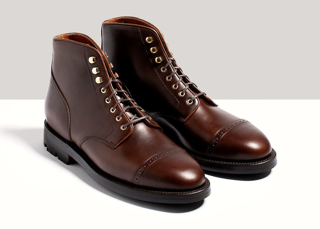 Crimson perforated cap toe boot in Chromexcel, set on a lug rubber outsole