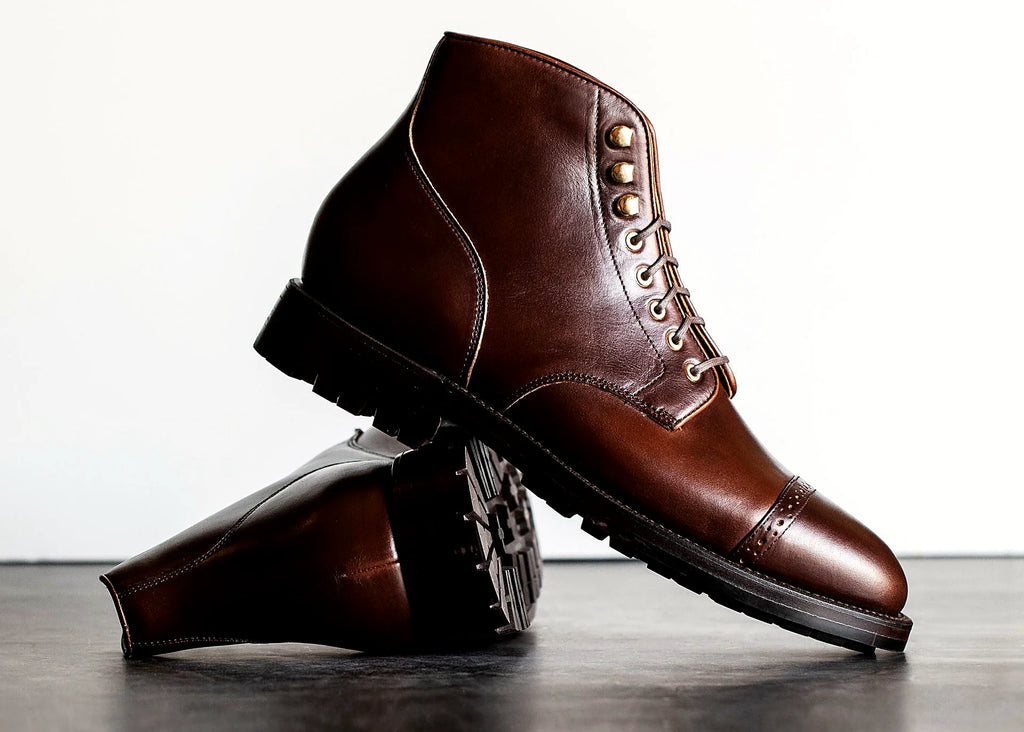 Goodyear welted perforated cap toe boot in Crimson Chromexcel, full-grain leather heel counters