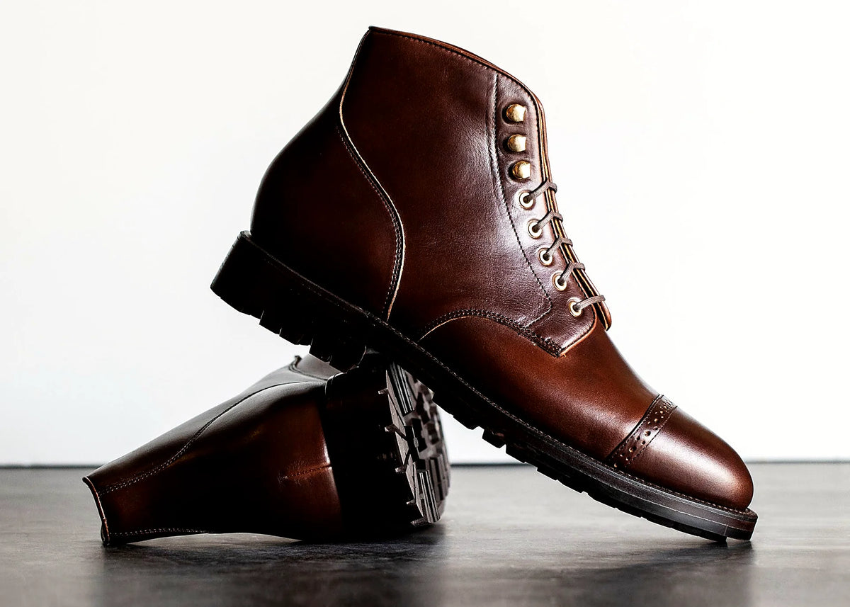Goodyear welted perforated cap toe boot in Crimson Chromexcel, full-grain leather heel counters