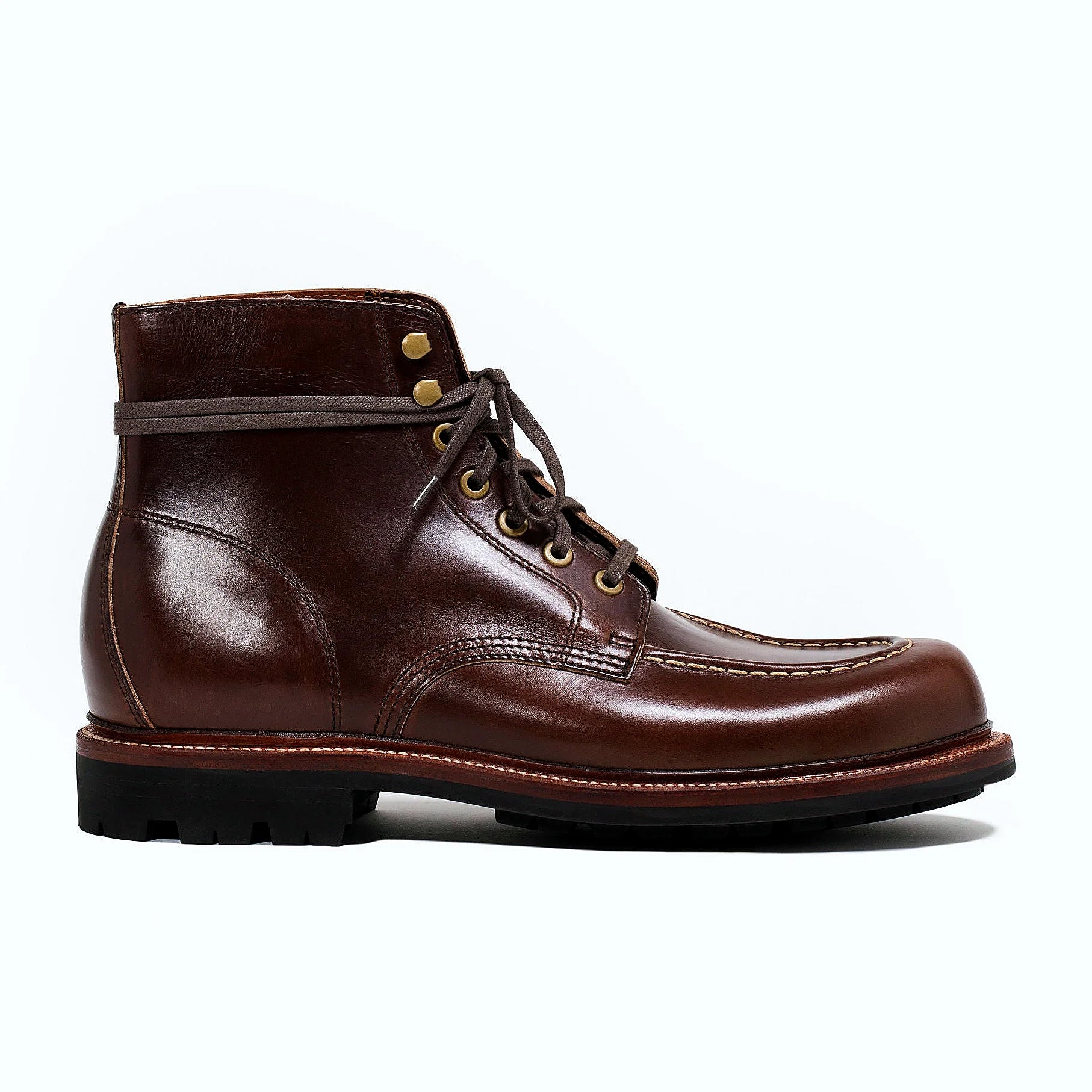 Crimson Chromexcel boot on a lug rubber outsole, cork filler over a steel shank