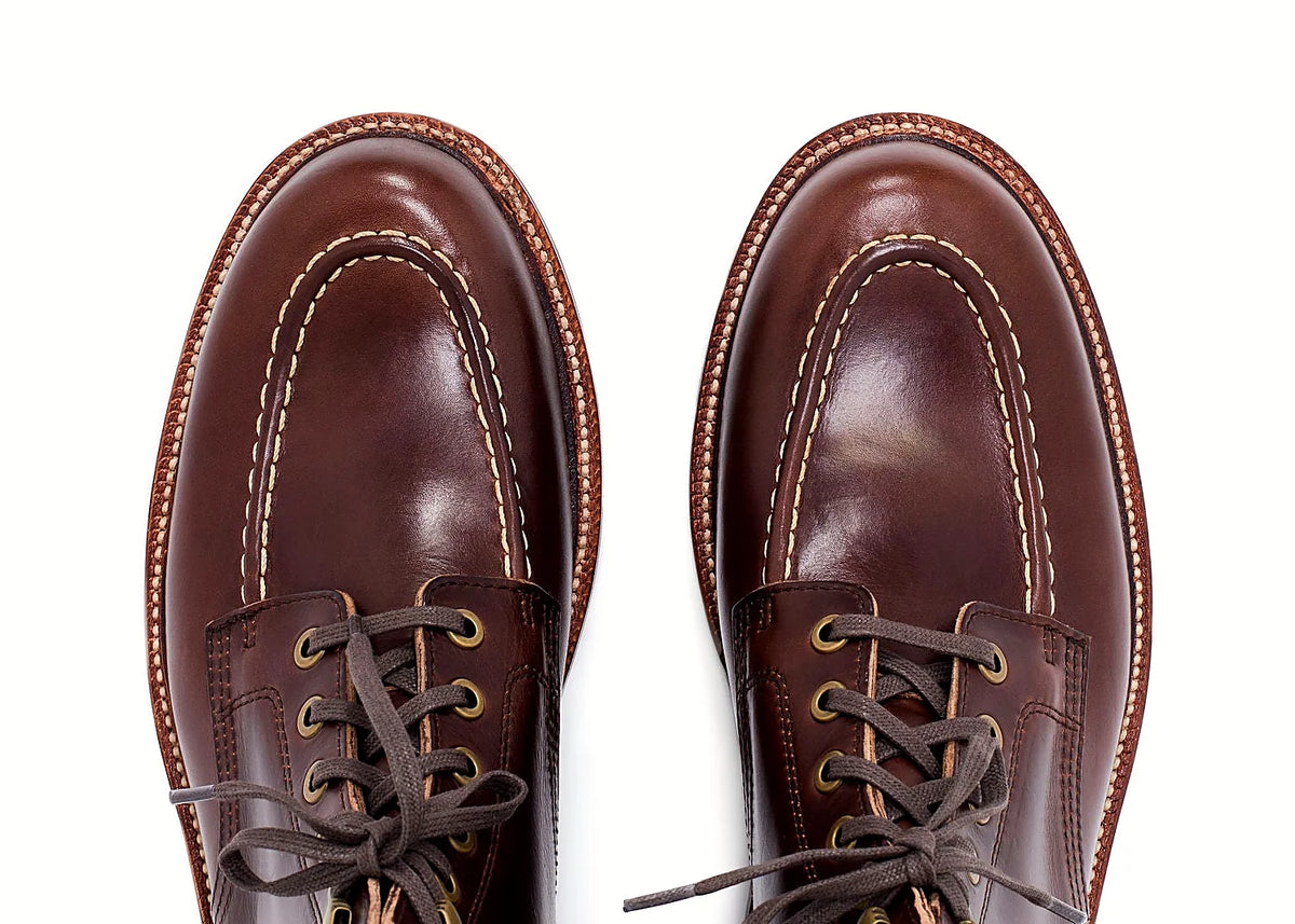 hand-sewn moc toe boot in Crimson Chromexcel with antique brass eyelets and speed hooks