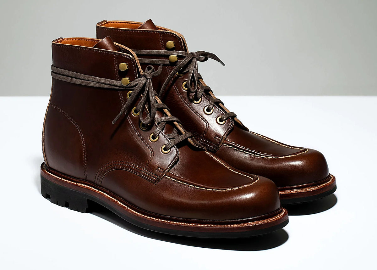 Crimson Chromexcel hand-sewn moc toe boot with antique brass eyelets and speed hooks