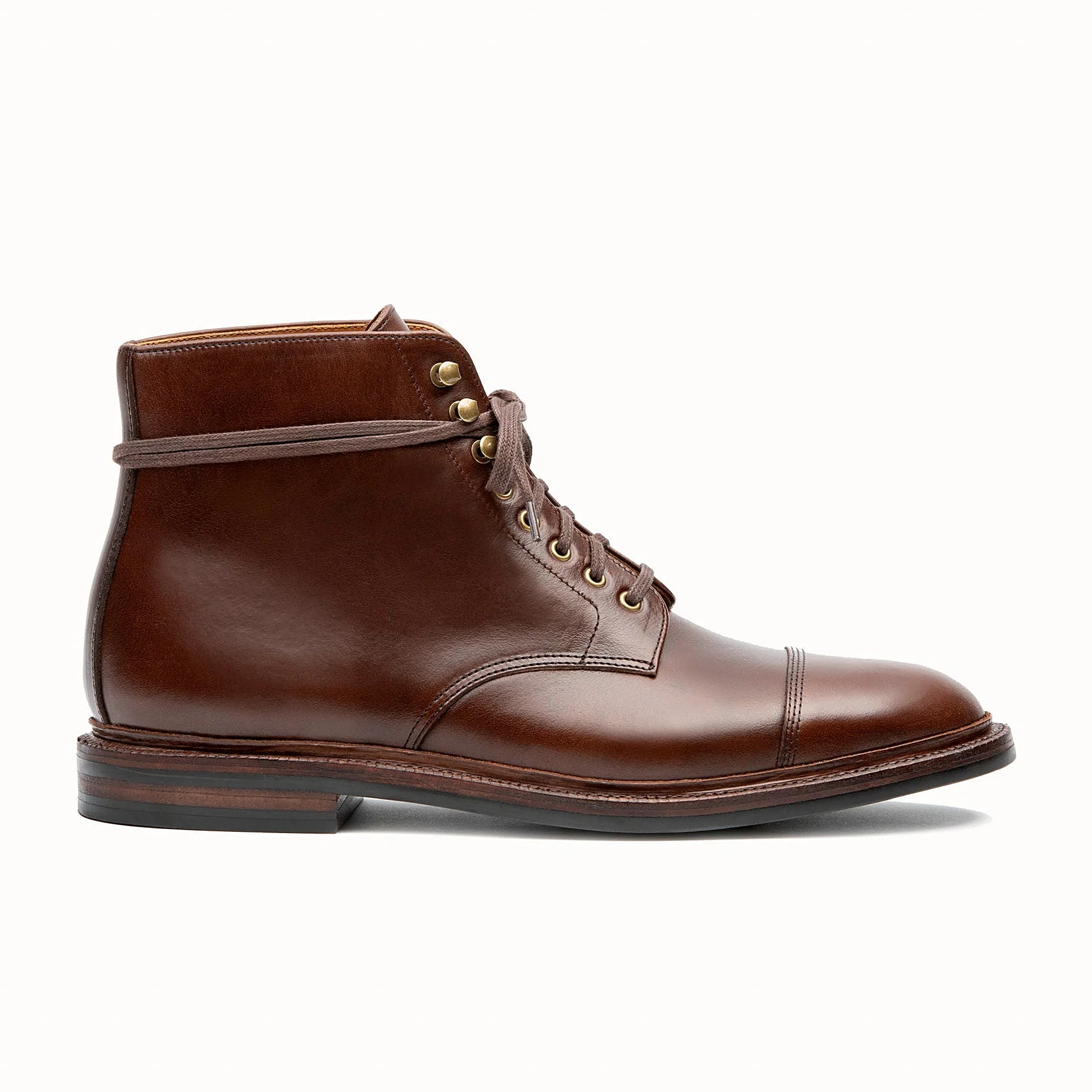 Crimson Chromexcel cap toe boot with smaller antique brass eyelets and speed hooks