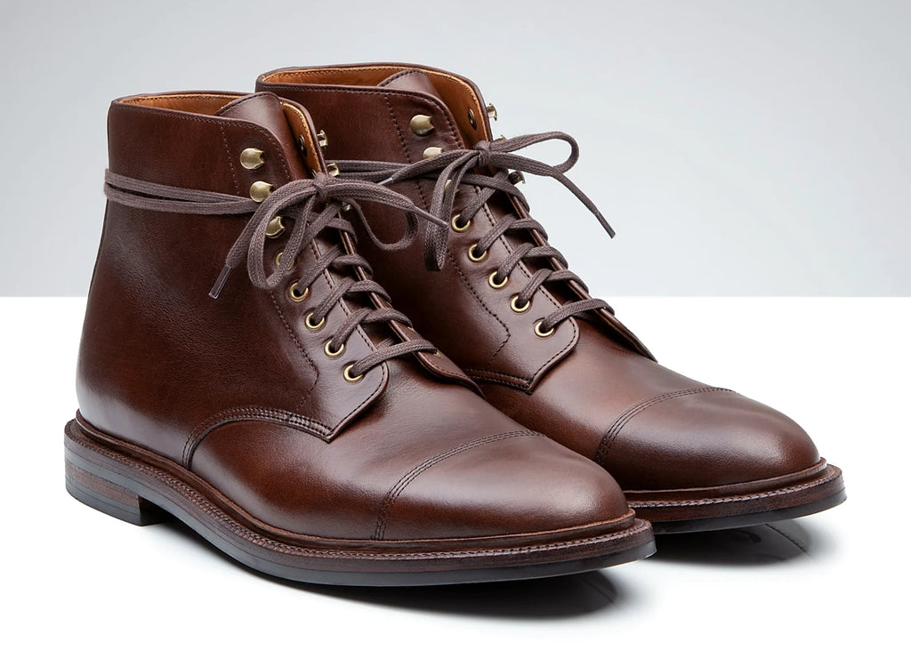 Goodyear welted cap toe boot in Crimson Chromexcel, full-grain leather heel counters