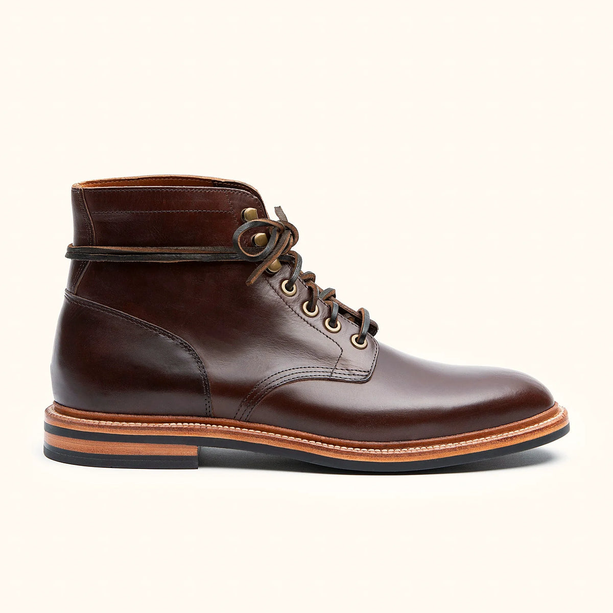 Crimson Chromexcel plain toe boot with antique brass eyelets and speed hooks