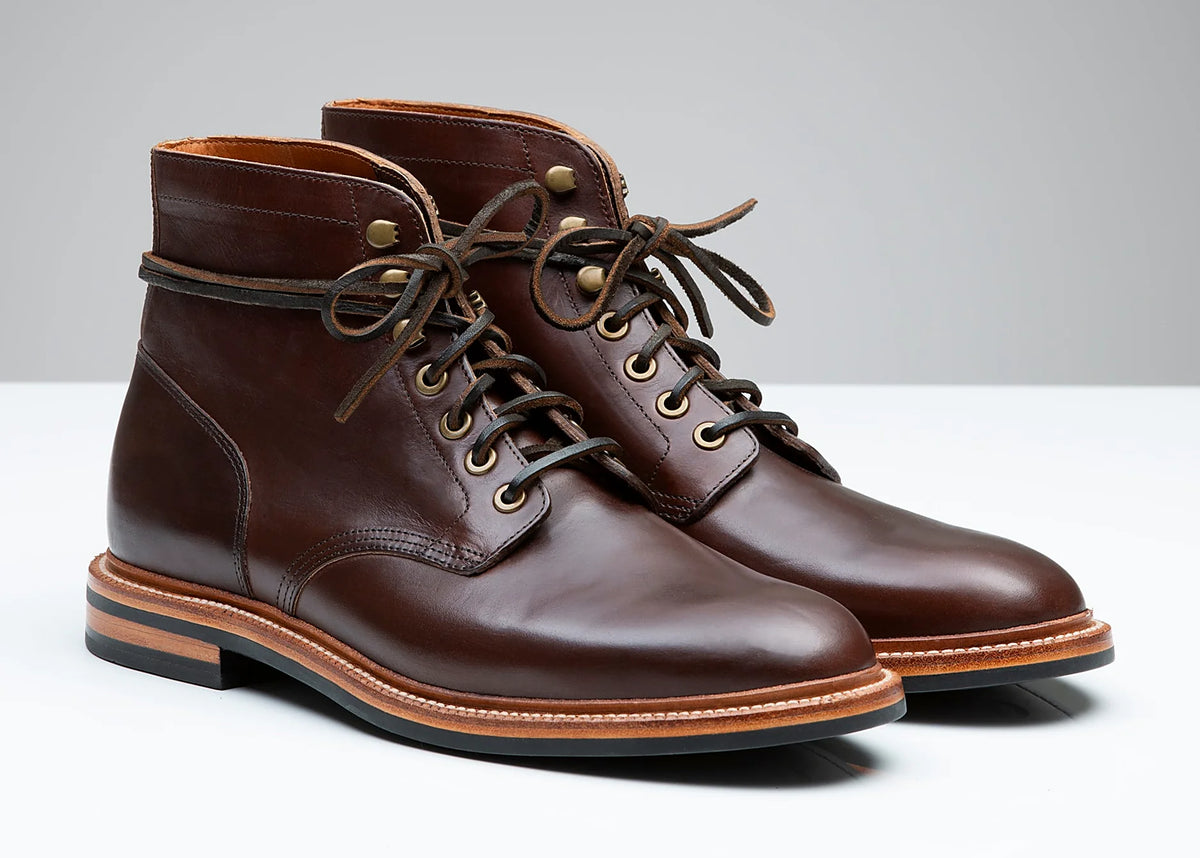 Goodyear welted plain toe boot in Crimson Chromexcel, full-grain leather heel counters