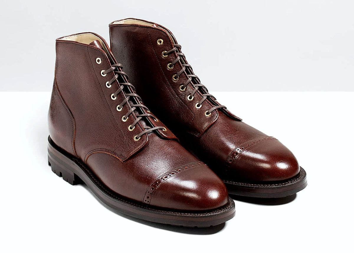 Crimson Kudu perforated cap toe service boot with polished brass eyelets