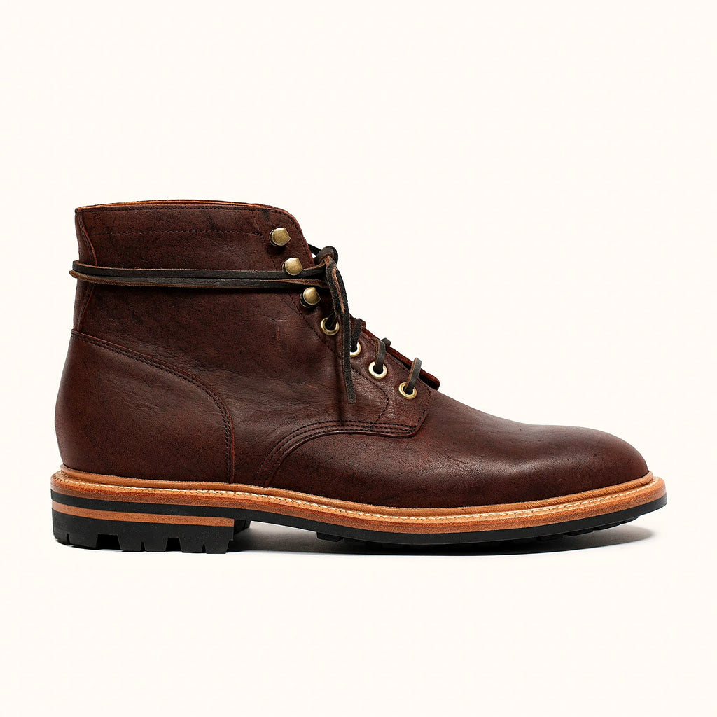 Goodyear welted lace-to-toe boot in Dark burgundy Waxed Kudu, full-grain leather heel counters