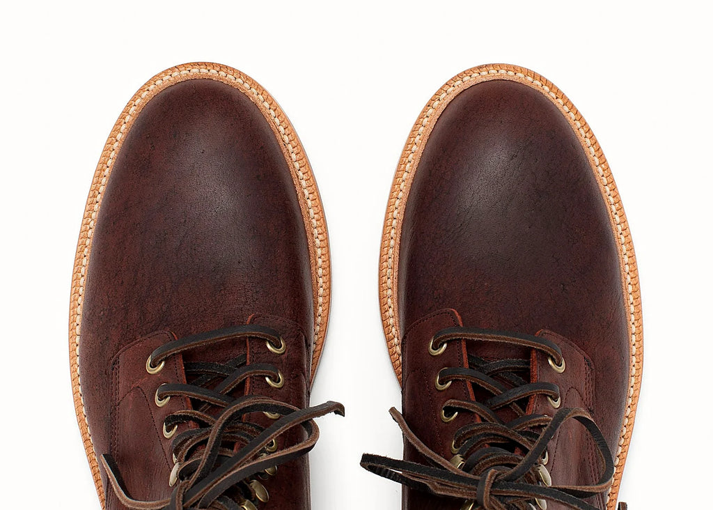 Waxed Kudu lace-to-toe boot in Dark burgundy, vegetable-tanned insole, welt and midsole