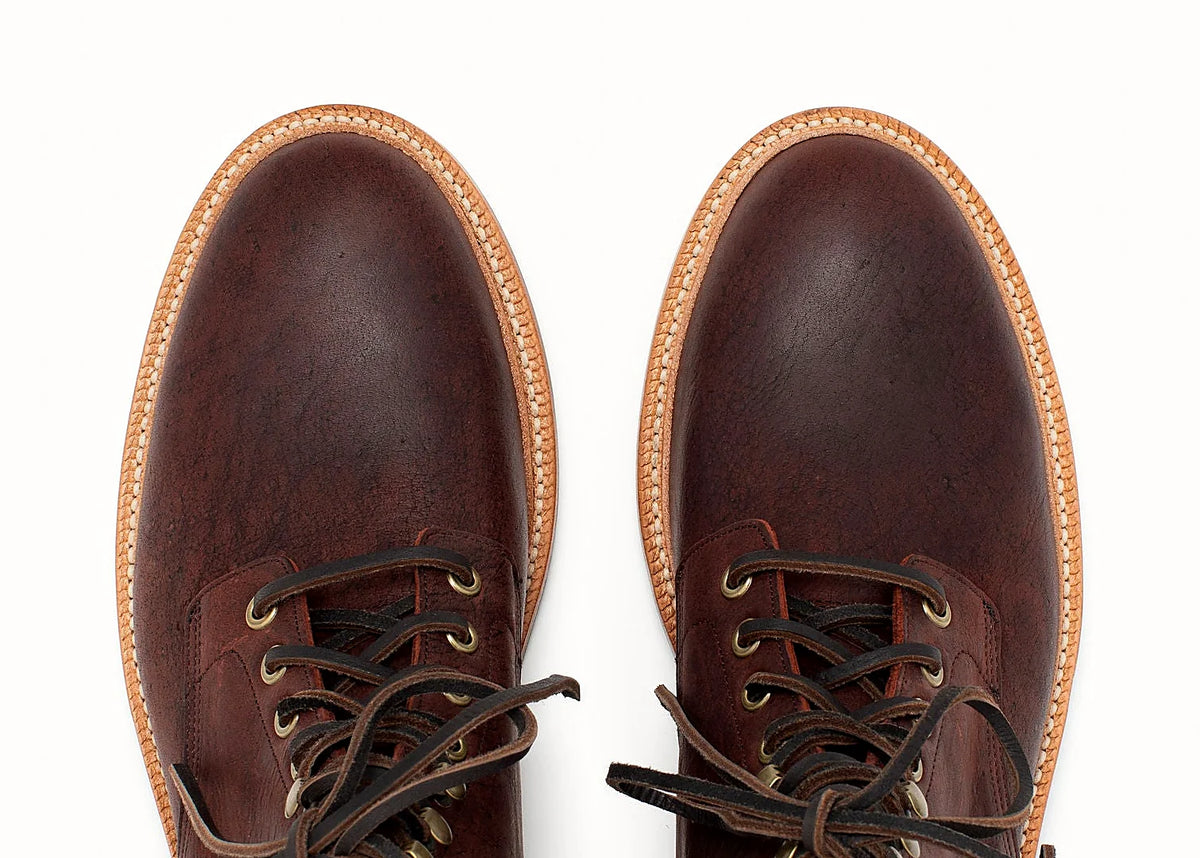 Waxed Kudu lace-to-toe boot in Dark burgundy, vegetable-tanned insole, welt and midsole