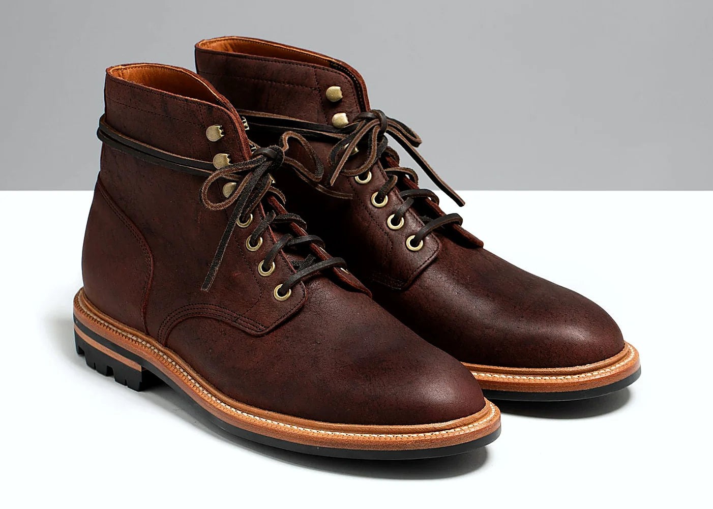 Dark burgundy Waxed Kudu boot on a lug rubber outsole, cork filler over a steel shank