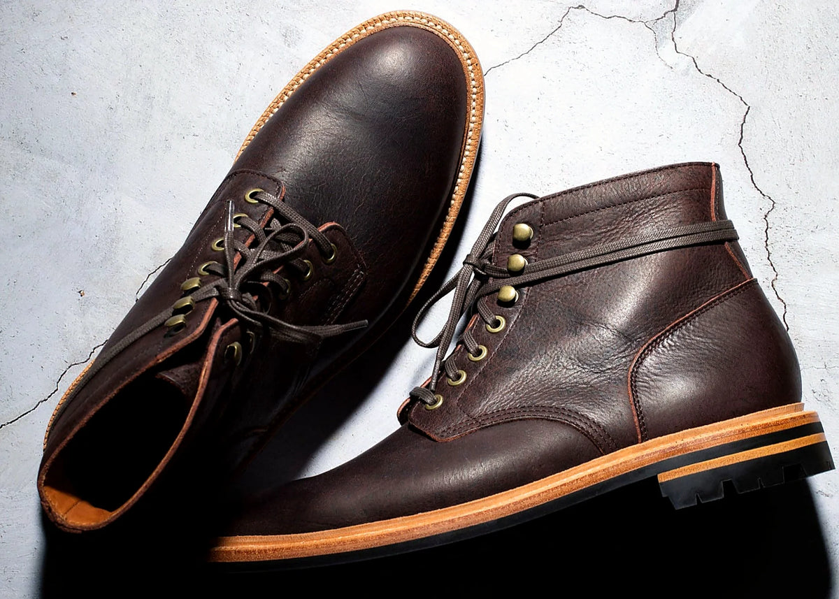 lace-to-toe boot in Dark burgundy Waxed Kudu with antique brass eyelets and speed hooks