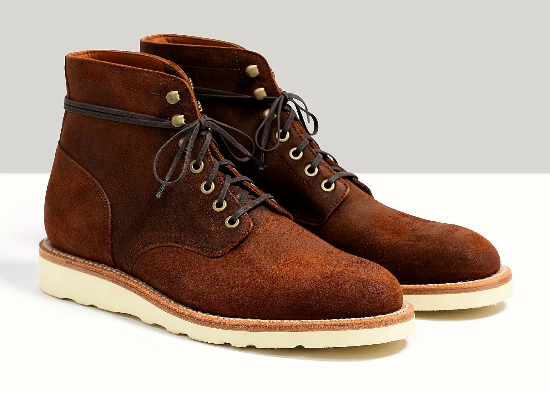 Goodyear welted lace-to-toe boot in Dark oak roughout, full-grain leather heel counters