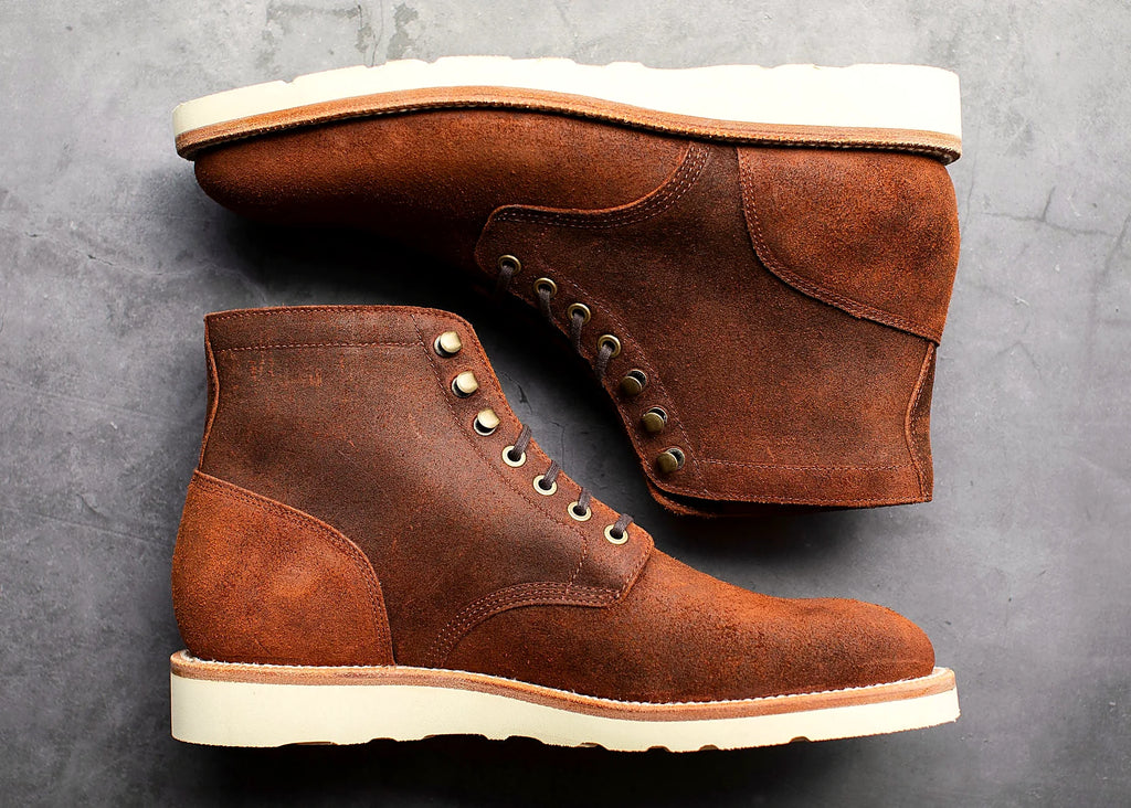 Dark oak roughout boot on a Vibram Christy outsole, cork filler over a steel shank